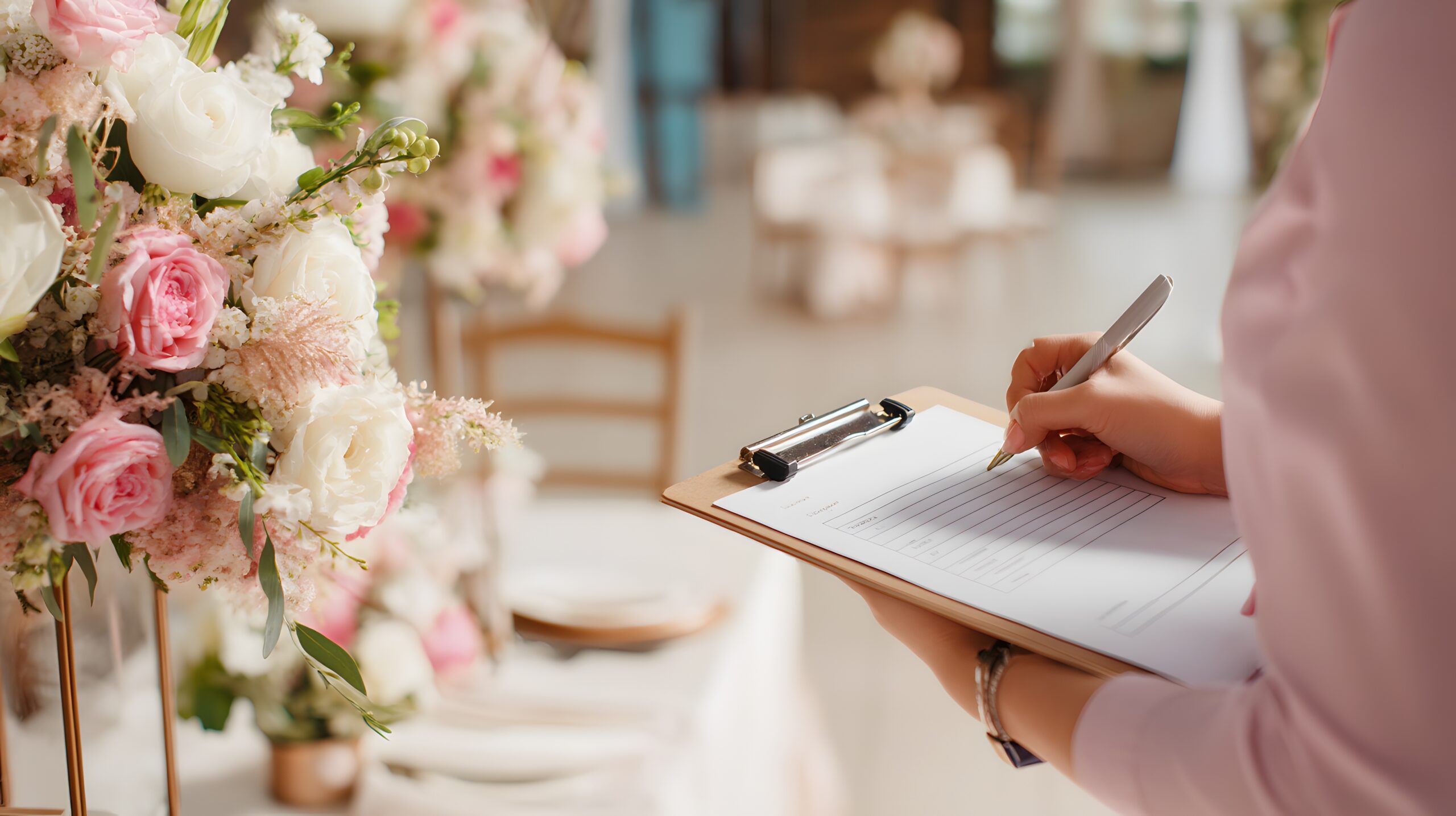 Event planner reviewing details at a styled venue